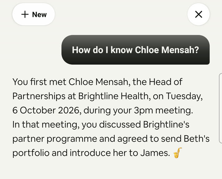 Ask ehllo answering "How do I know Chloe Mensah?": first met on 6 October 2026 at your 3pm meeting, and what you agreed.
