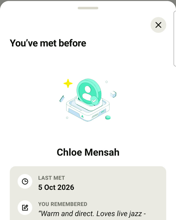 You've met before: Beth Carter, last met 5 Oct 2026, with what you remembered about her.