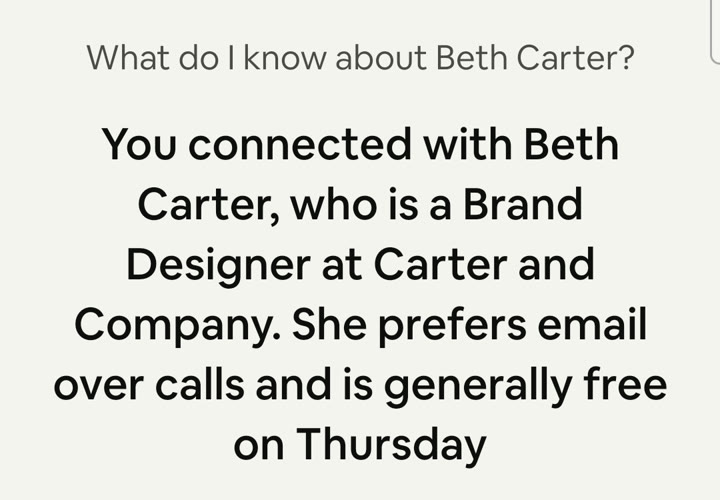ehllo answering out loud: Beth Carter is a Brand Designer at Carter and Company, prefers email over calls and is generally free on Thursday afternoons.