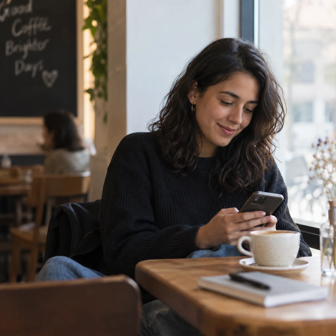 A woman checking her phone over coffee in a sunlit café